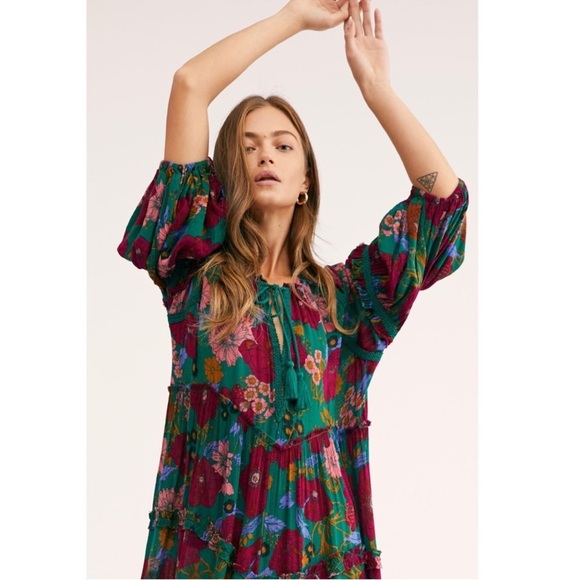 Free People In The Moment Dress Oversized Boho Floral Green Floral Print M - Picture 15 of 15